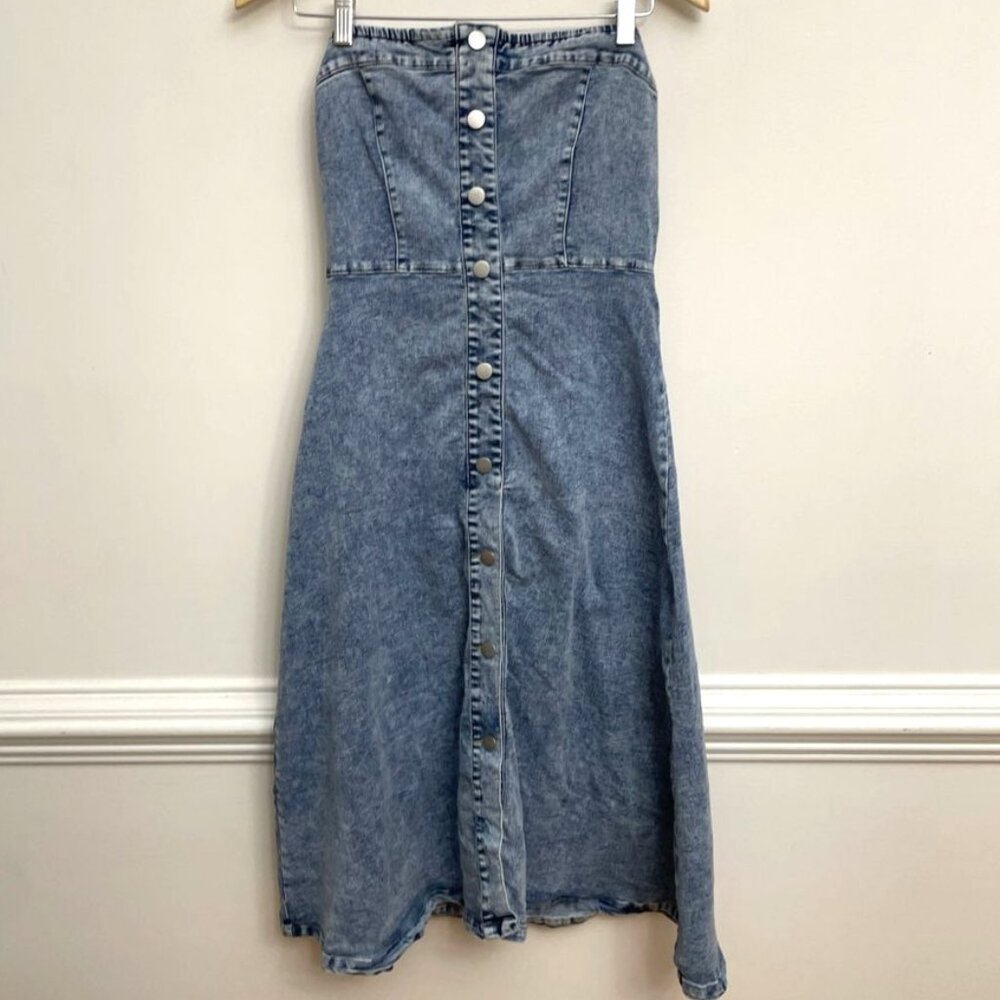 Strapless Denim Dress Size M Button Detail Front Zip Up Back Corset A Line